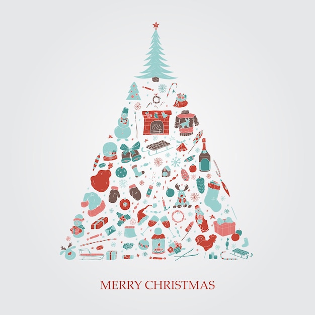 손으로 그린 크리스마스 요소와 크리스마스 트리 휴일 다채로운 카드 낙서 디자인