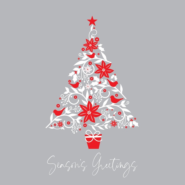 Christmas tree with holly leaves red and silver colored vector illustration