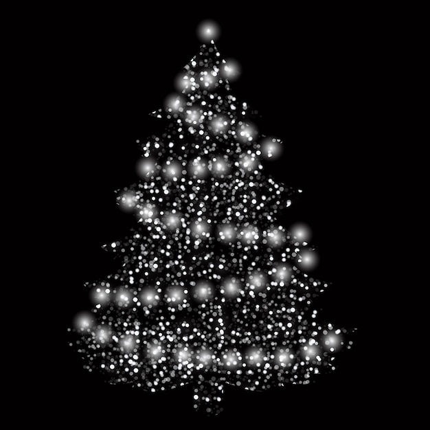 christmas tree with lights silver confetti on a dark background