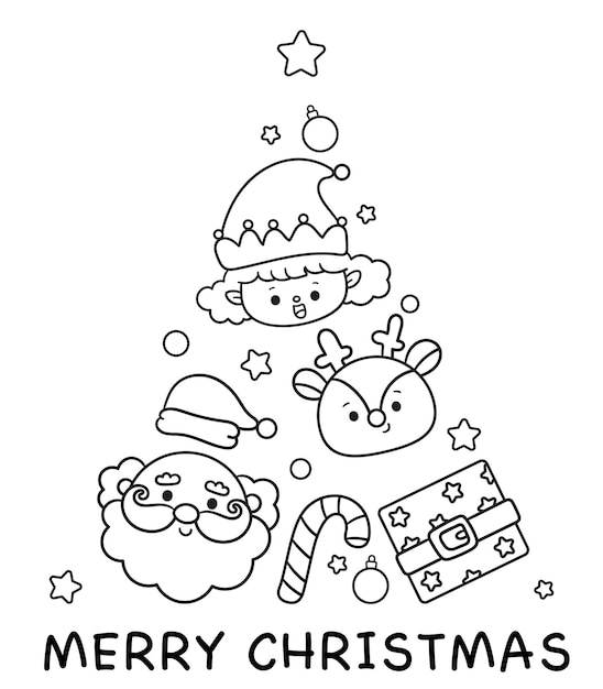 Vector a christmas tree with santa elf and reindeer kawaii coloring