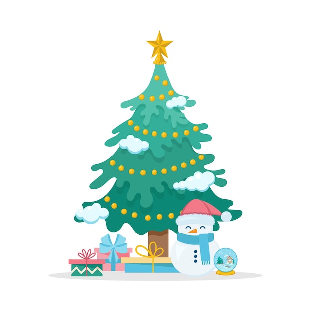 Christmas tree with snowman and gifts