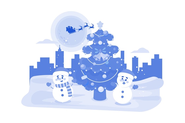 ベクトル 白い背景のイラストコンセプトのスノーマンとクリスマスツリー