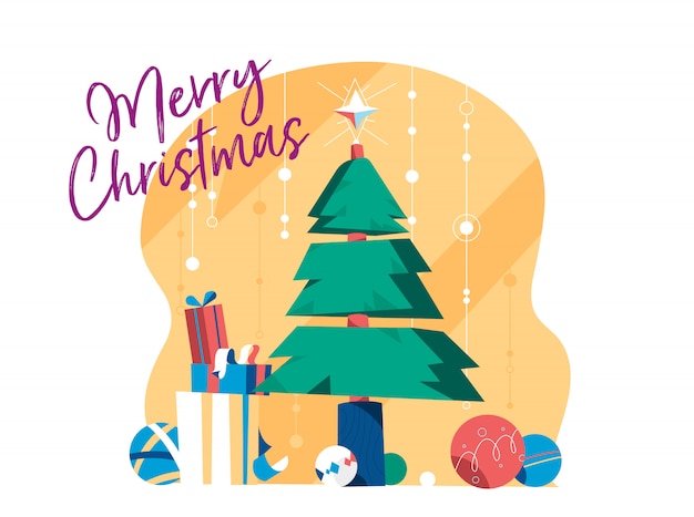 Рождественская елка со звездой, украшение шарами, подарочные коробки. счастливого рождества дизайн для поздравительных открыток
