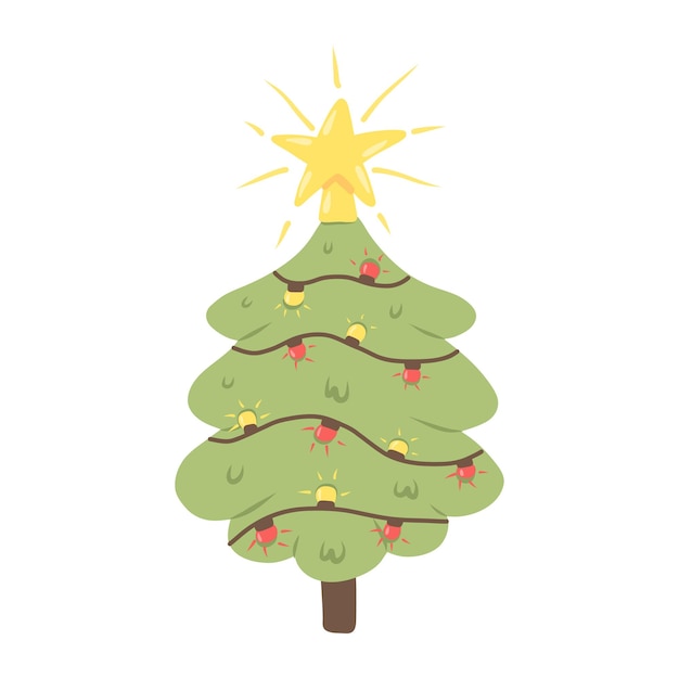 Christmas tree with a star and a garland Symbol of the new year Drawn style Vector illustration