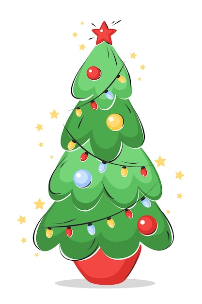 Vector christmas tree with star lights decoration balls and lamps