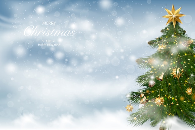 Christmas tree with xmas decorations. Winter landscape background with falling snow.