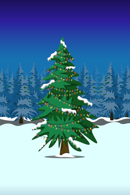 Вектор Рождественская елка в зимнем лесу ночью рождественская открытка красочная векторная иллюстрация