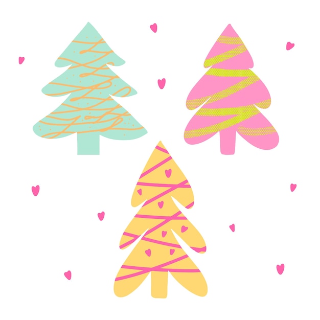 Christmas trees in a bright simple style Modern vector drawing Pink green and blue tree