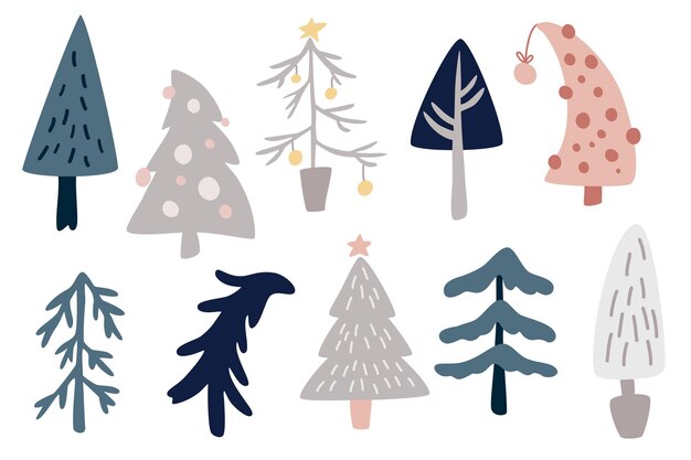 Collezione di alberi di natale. capodanno e natale simbolo tradizionale albero con ghirlande, lampadina, stella. vacanze invernali. illustrazione del fumetto di vettore in stile scandinavo.