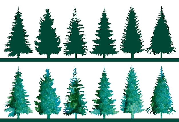 Вектор Рождественские елки лесной акварель силуэт дизайн изолированный вектор
