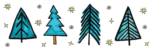 Christmas trees holidays hand drawn paint winter colorful watercolor vector set design