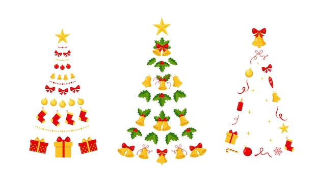 Christmas trees made of bells garland and decorating festive elements for christmas and new year