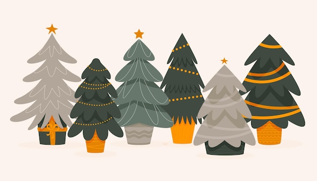 Christmas trees in pots Cartoon green fir trees decorated with baubles christmas tree in bucket with gifts for new year celebration Vector isolated set Illustration of fir tree green cartoon