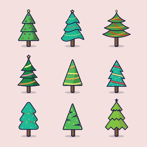 Christmas trees with ornaments collection flat  