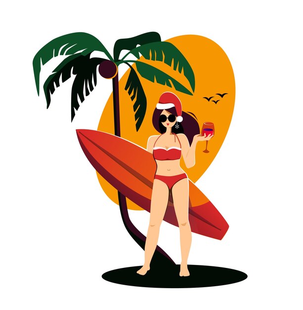 christmas in the tropics a girl in a new years cap and a bathing suit stands with serf