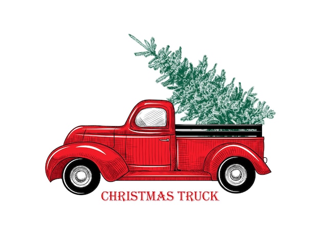 Christmas truck Vintage vector illustration Christmas red truck with a Christmas tree