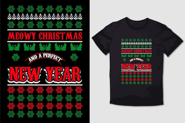 Christmas tshirt design meowy christmas and a purrfect mew year