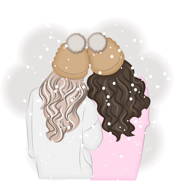 Christmas Two girls in winter clothes and hat rear view fashion vector illustration