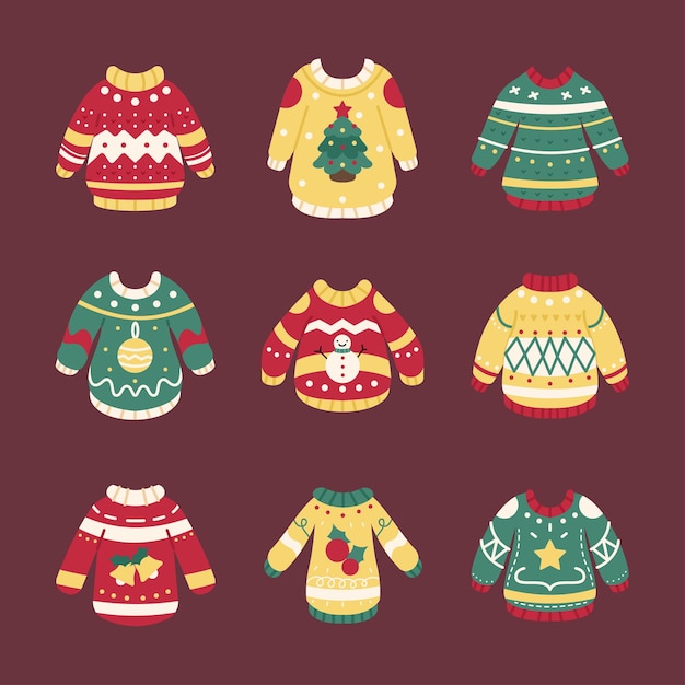 ベクトル クリスマスの醜いセーターのアイコンセット