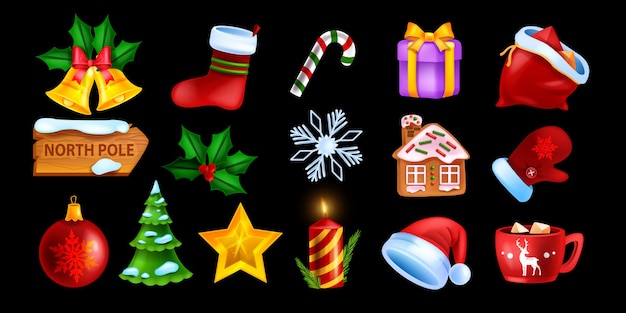 Christmas UI game icon set vector winter holiday symbol collection xmas cartoon object kit