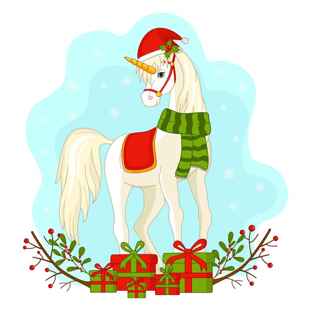 A christmas unicorn in a hat, scarf and harness with gifts, holly branches and snowflakes