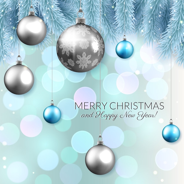 Christmas vector card design, shiny baubles and fir branches