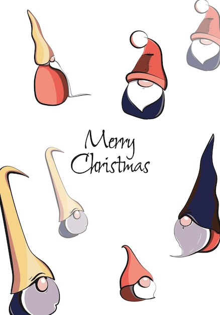 Christmas vector card with cartoon dwarves in big hats Christmas printing of cards and posters