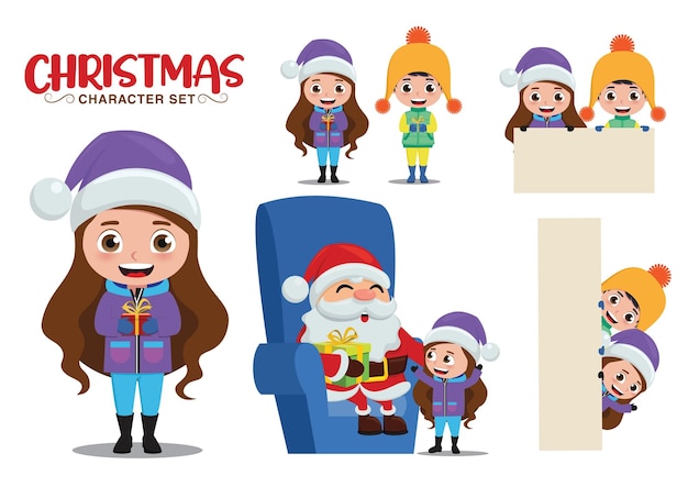 Christmas vector characters set Christmas character kids in talking santa holding gifts and white