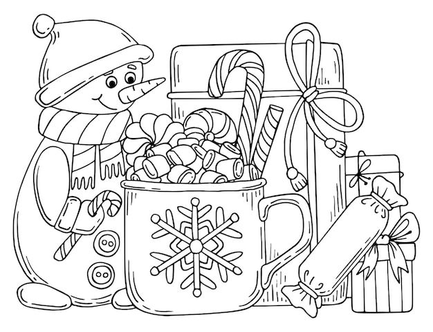 クリスマス ベクトルぬりえ ページ お祝いのギフト ボックス 温かい飲み物とお菓子のカップ サンタ クロースの帽子をかぶったかわいい雪だるま 手描きの線画冬イラスト 幸せな休日