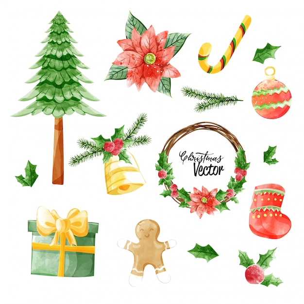 Vector christmas vector elements collection in watercolor paining style.