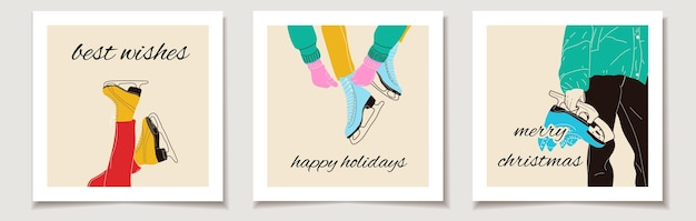 Christmas vector gift card or tag Christmas Set of three Colorful ice skates for figure skating