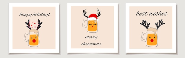 Christmas vector gift card or tag Christmas Set of three Glasses of beer with Christmas accessories.