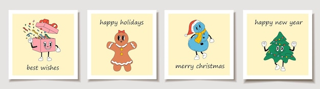 christmas vector gift card or tag set cute cartoons christmas mascot merry christmas lettering