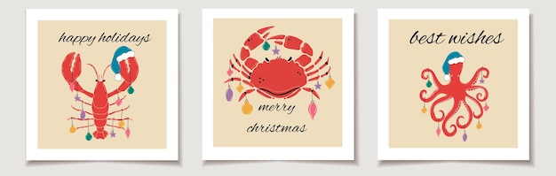 Christmas vector gift card or tag set of Lobster, octopus, Crab with Christmas decorations