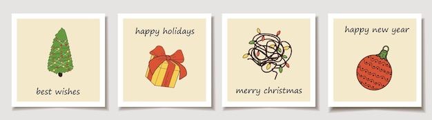 Christmas vector gift card or tag set with Christmas decorations Cute ladies Merry christmas