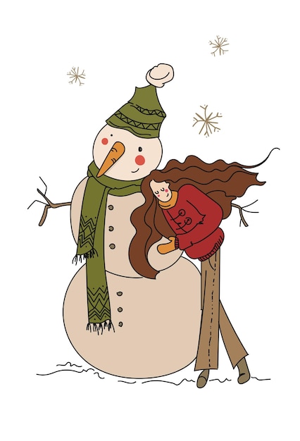 ベクトル 自由奔放に生きる雪だるま色を抱き締める女の子のクリスマス ベクトル イラスト