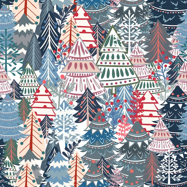 Christmas vector pattern with nordic style Xmas trees