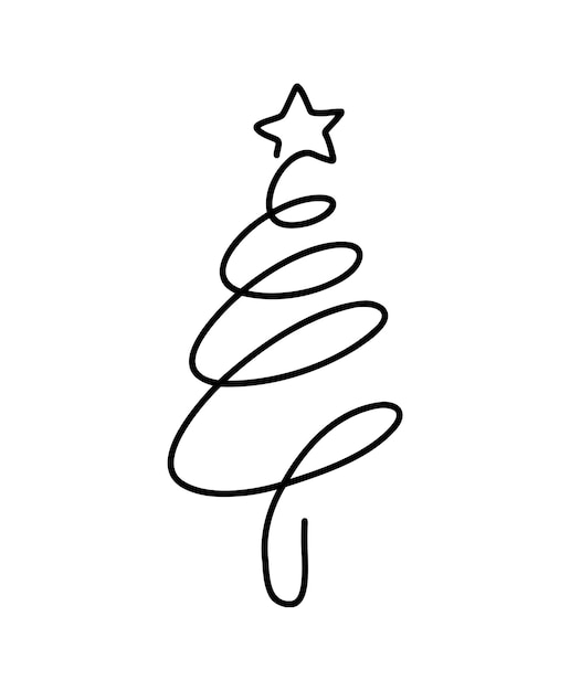 Christmas vector pine fir tree one line art with star Continuous one line drawing illustration