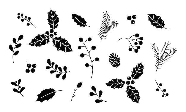 Christmas vector plants. Holly, mistletoe, branches, winter holiday decoration. Black silhouettes