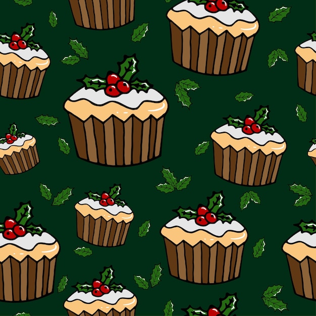 Christmas vector seamless pattern Cupcakes background New Year colorful texture for wrapping