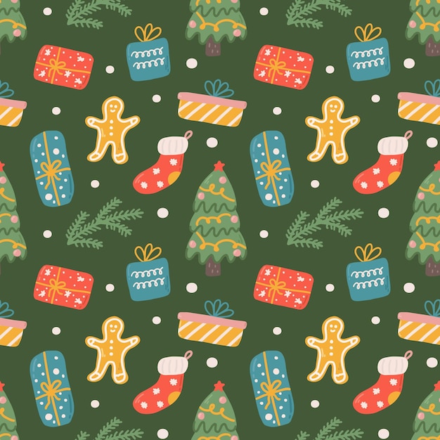 クリスマス ベクターのシームレスなパターン ギフト ジンジャーブレッドの装飾的な装飾品と雪片