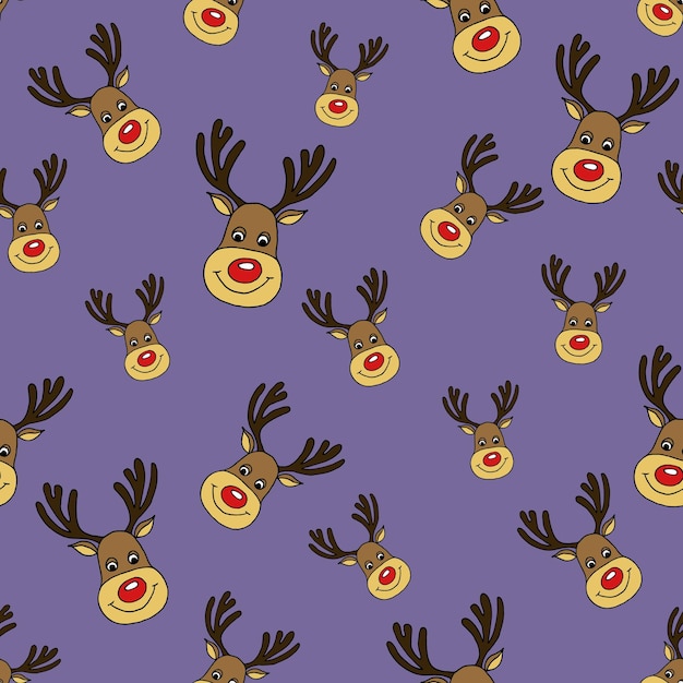 Рождественский векторный бесшовный узор с лицами оленей в стиле каракулей