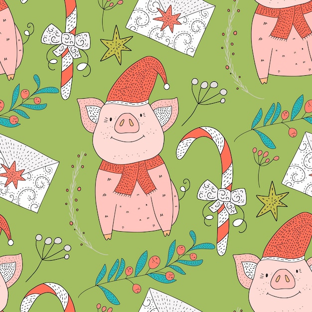 Christmas vector seamless pattern with detailed holiday illustrations