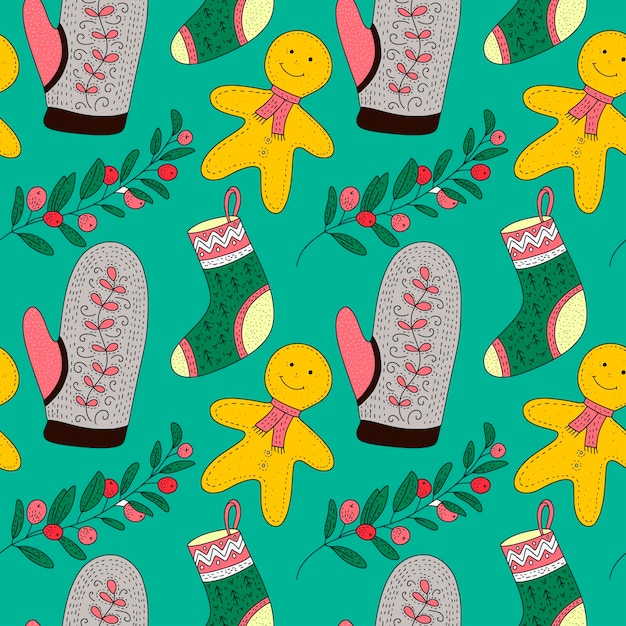 Christmas vector seamless pattern with detailed holiday illustrations