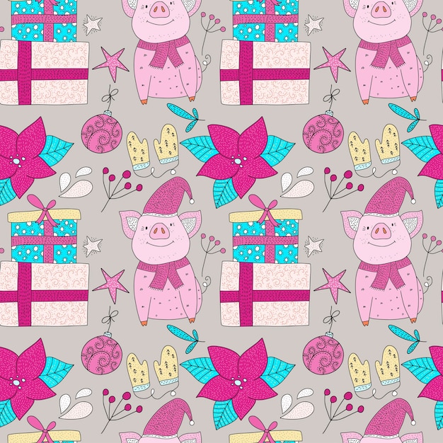 Vector christmas vector seamless pattern with detailed holiday illustrations