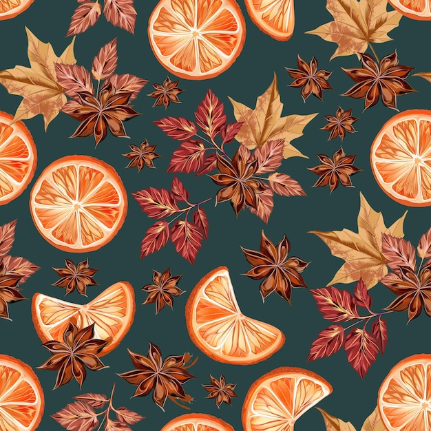 Christmas vector seamless pattern with oranges and anise stars