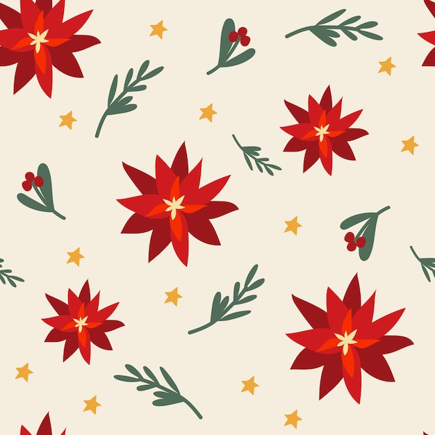 赤いポインセチアとクリスマスのシームレスなパターン ベクトル