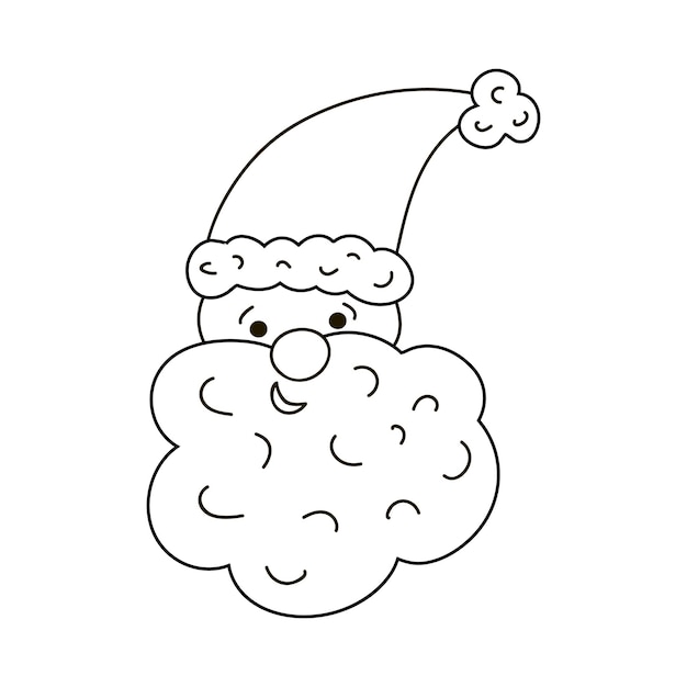 모피 큰 곱슬 수염과 모자에 산타 클로스를 웃는 크리스마스 벡터 얼굴 가까이 크리스마스 기호 아늑한 클립 아트 배경에 고립 된 손으로 그린 낙서 개요와 귀여운 그림