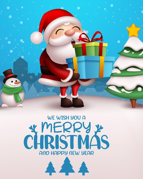 Christmas vector template design Merry christmas text with santa claus character holding gifts