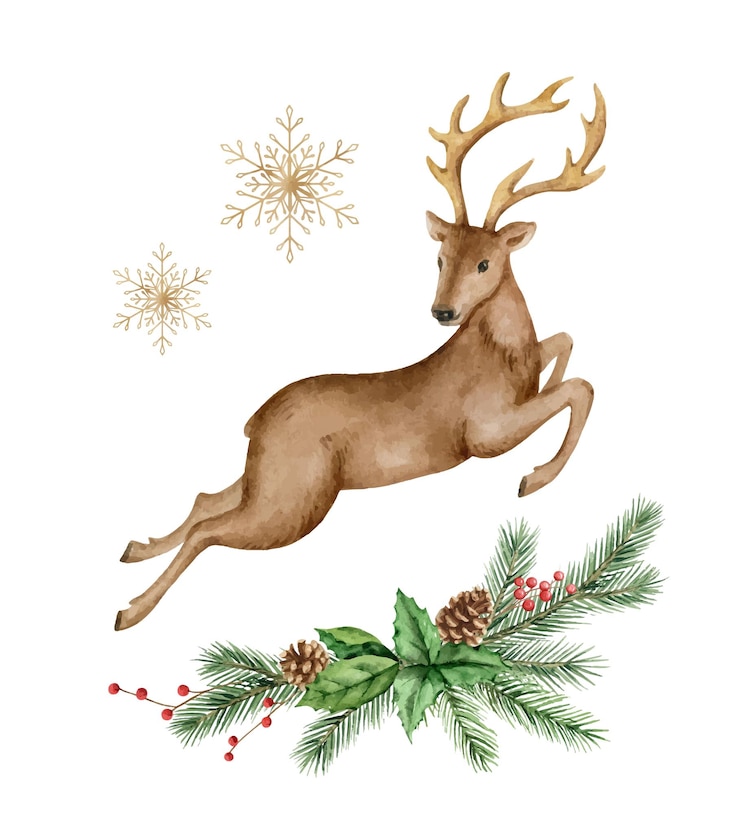 Vector christmas vector watercolor wreath with a deer and fir branches